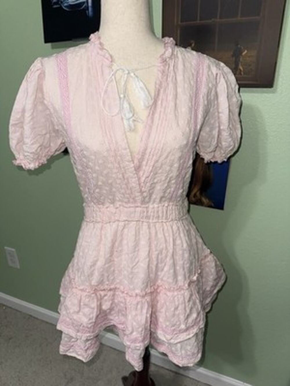 MABLE Pink Floral Clip Dot Ruffle Mini Dress Medium Puff Sleeve Boho Tassel